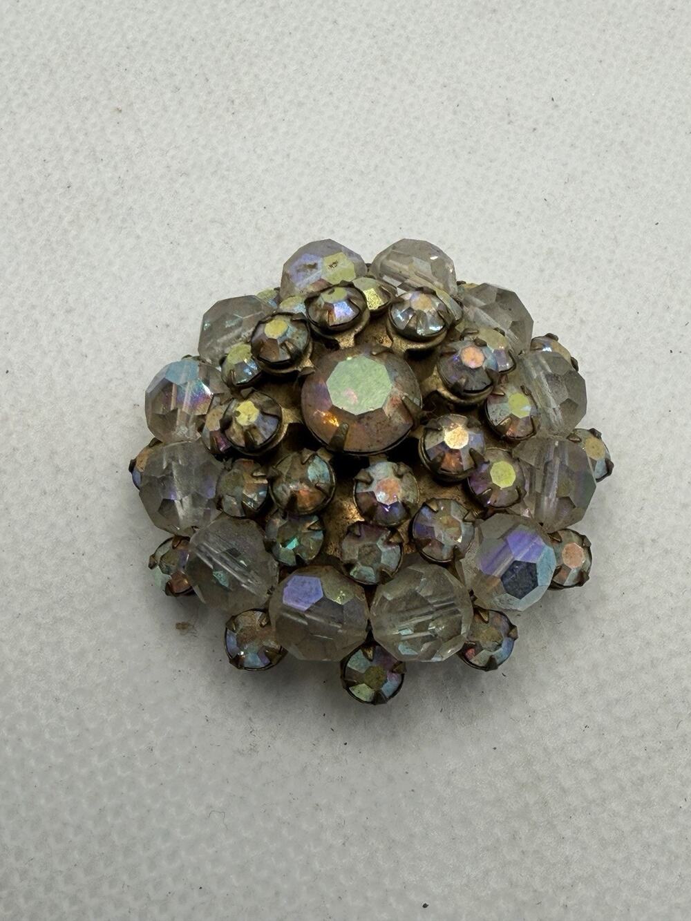 Vintage Brooch, Warner? Faceted Rhinestone Cluster Round Domed Brooch Pin